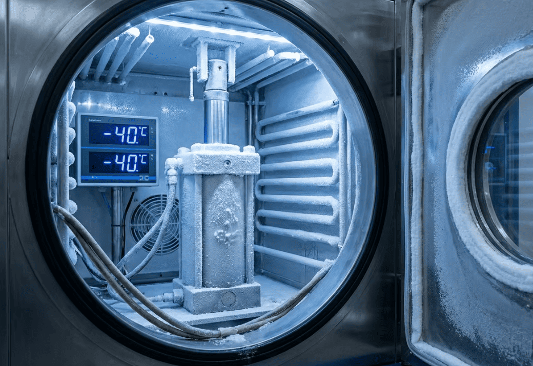 Extreme cold environment testing for hydraulic cylinders at -40 degrees Celsius