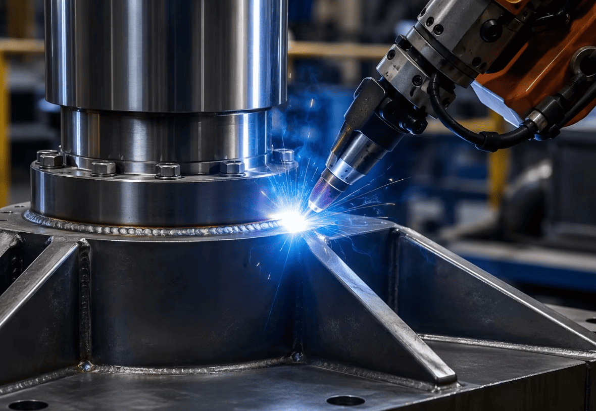 Automated robotic pulsed welding for hydraulic cylinder mounting base integrity