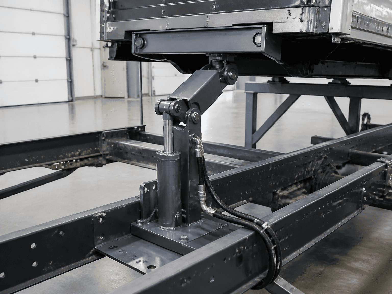 hydraulic power hoist mounted between commercial vehicle chassis rails